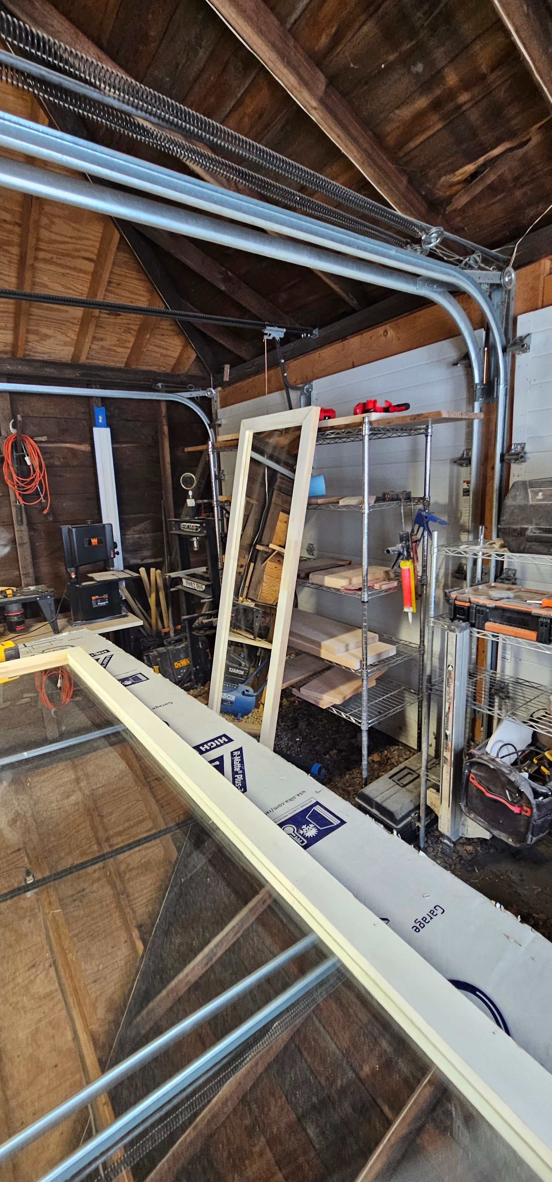 Closet door assembly in workshop